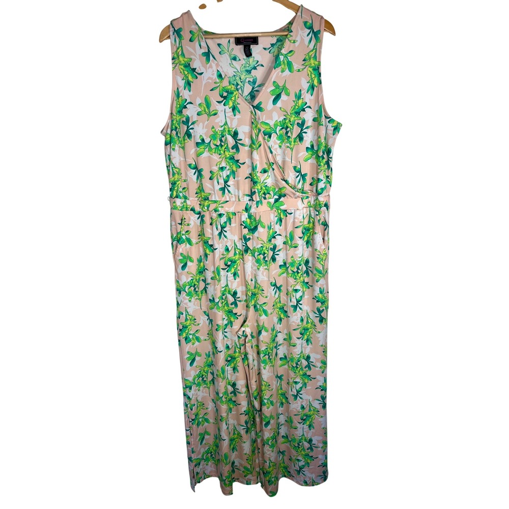 C Wonder Jumpsuit Women 1XP Peach Green Floral Sleeveless‎ Wide Leg Petite
